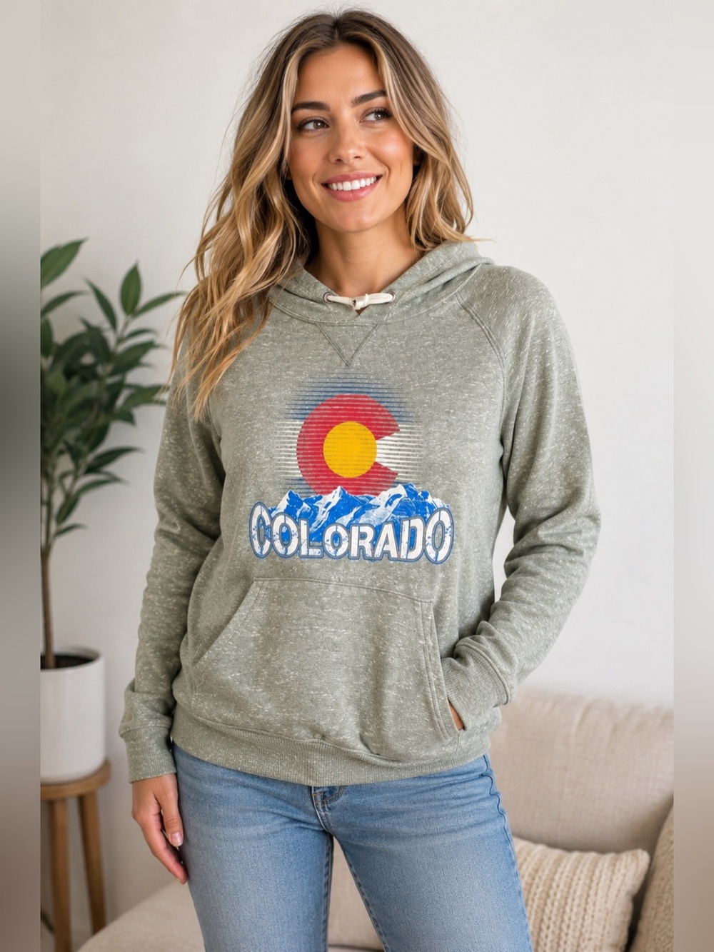 Colorado  Hoodie Green Heather Medium Graphic Mountains Pullover Sweatshirt